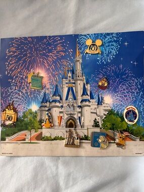 Disney Cinderella Castle Board with 9 Assorted Trading Pins - 50th Anniversary